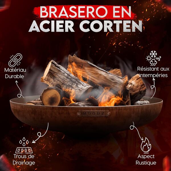 MOODZ Outdoor Living Brasero 100 cm - Brasero Exterieur - Barbecue brasero - Brazeros Exterieur Barbecue Plancha -Acier Corten- 100x100x21 cm