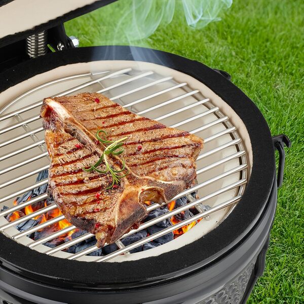 Relaxdays Barbecue Kamado, Ø 26 cm, Grill Japonais céramique avec thermomètre 450°C, grillade, fumoir, Couvercle, Noir