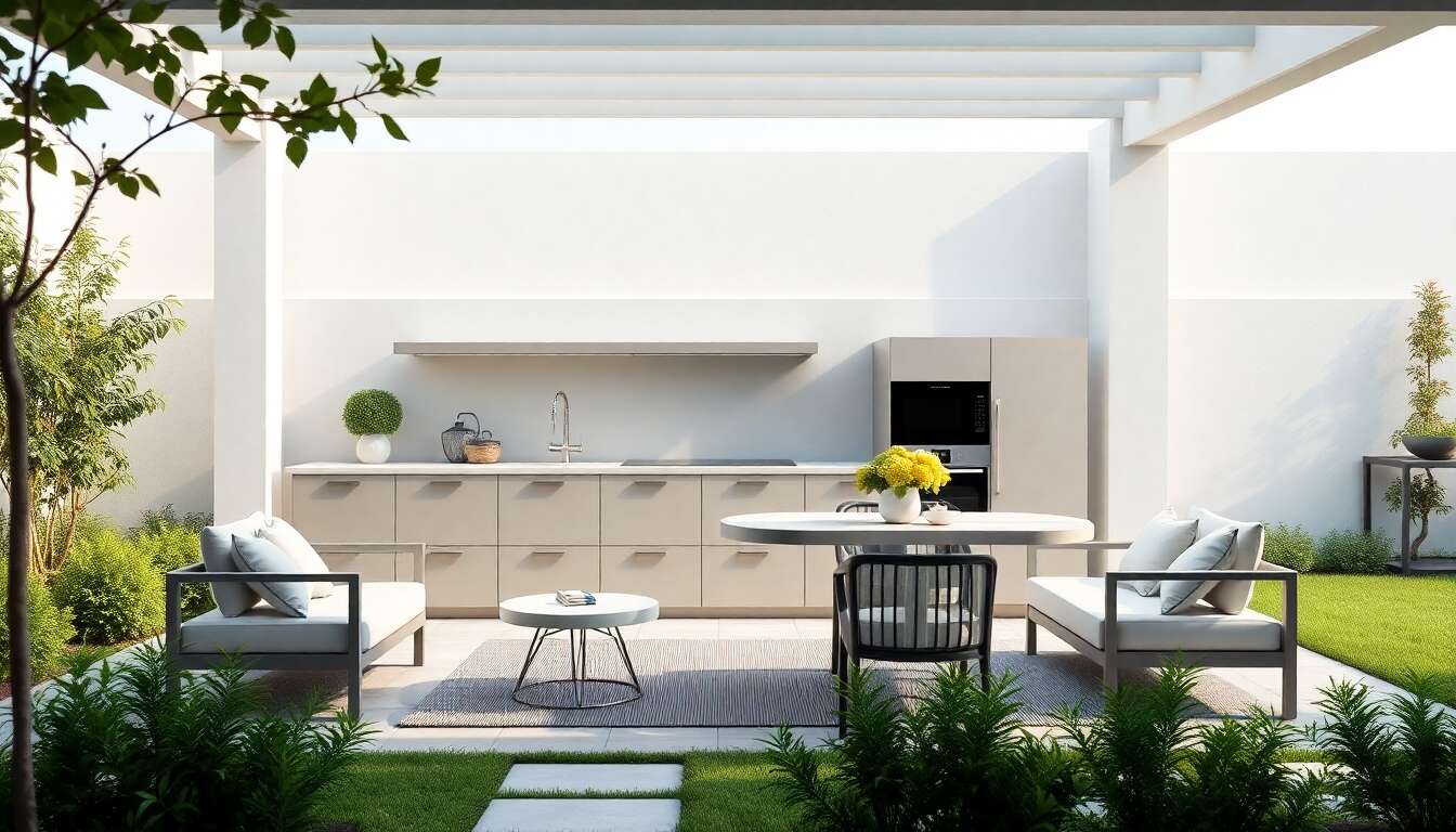 La cuisine ext&eacute;rieure minimaliste : design pur et &eacute;pur&eacute;