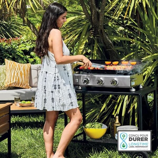 BRASERO - Plancha Silvia IIG INOX 3 Feux Surface Cuisson 67 x 34 cm - 3 brûleurs - Plaque Fonte émaillée fabriquée en France - Grille de réchauffement - Jusqu'à 10 convives - 7,5kW