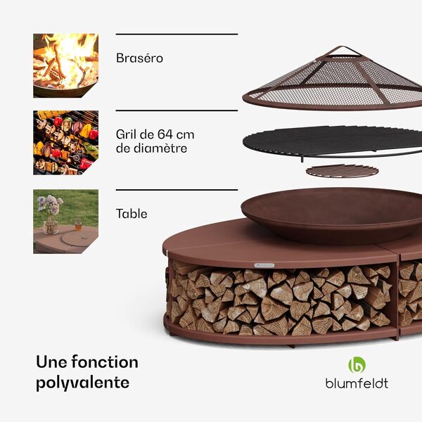 Blumfeldt Ebeko Brasero Exterieur - Barbecue & Table, 3-en-1 Brasero en Acier Durable, Pare-Étincelles & Tisonnier Inclus, Rangement Bûches, Housse Imperméable, Idéal Jardin & Terrasse