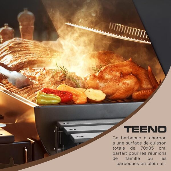 TEENO Grille Barbecue,Barbecue Charbon de Bois avec Grille de Cuisson XXL Grande Taille,Gants Anti-BrûLures, ThermomèTre,Tiroir à Cendres, éVent RéGlable(Basic)