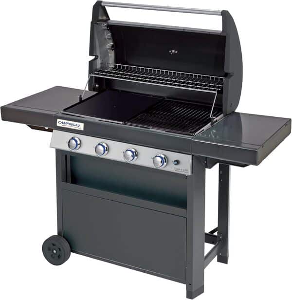 Campingaz Barbecue à Gaz Class 4 LBD, 4 Brûleurs en Inox, Puissance 12.8kW, Système de Nettoyage Facile InstaClean, Grille et Plancha en Acier Double Émaillage, 2 Tablettes Latérales