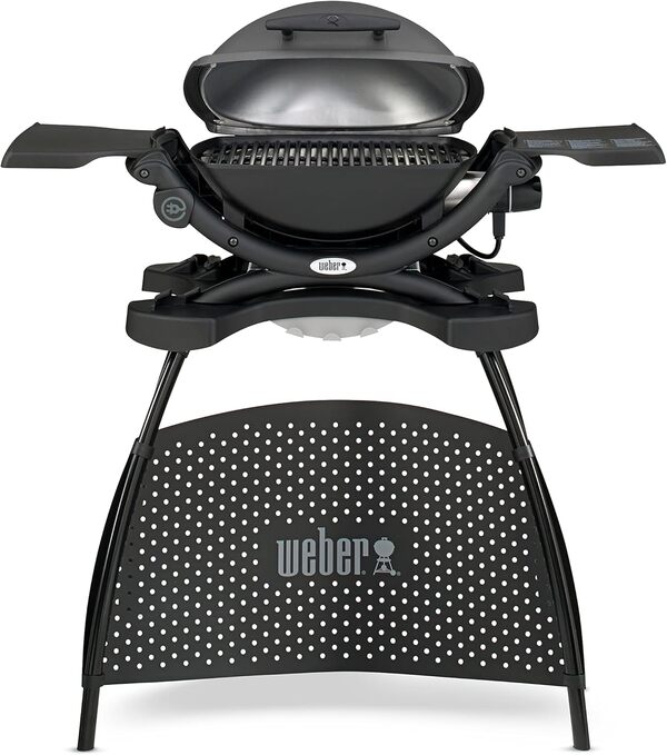 Weber Q1400 Barbecue électrique avec support, surface de cuisson 43 x 32 cm, nomade, grille en fonte émaillée divisée en 2 parties, couvercle et cuve en fonte d'aluminium - Gris foncé (52020853)