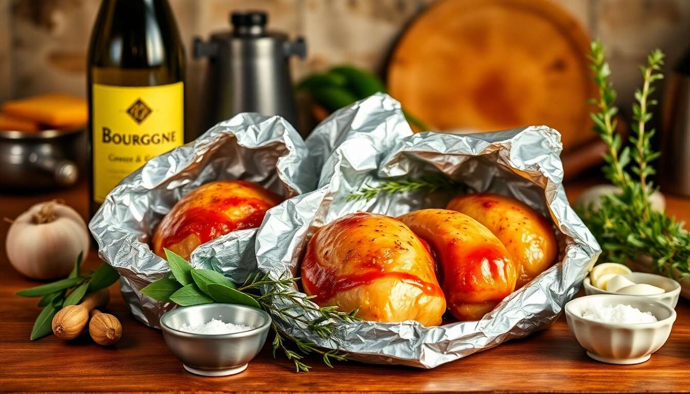 Cuisses de poulet en papillotes au barbecue avec sauce au vin de Bourgogne