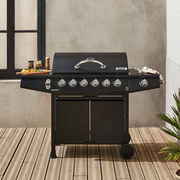 Alice's Garden - Barbecue gaz - Treville - Barbecue 7 brûleurs dont 1 feu latéral noir. avec thermomètre