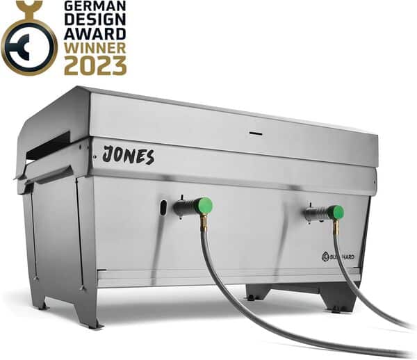 BURNHARD Camping Barbecue à gaz JONES acier inox Barbecue pliant avec couvercle 2 brûleurs 6,4 kW y compris sac à dos de transport et pince bbq, gril portable