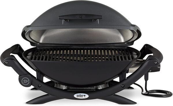 Weber Q2400 Barbecue électrique avec support + tablettes latérales, surface de cuisson 54 x 39 cm, grille en fonte émaillée (2 parties), couvercle et cuve en fonte d'aluminium - Gris foncé (55020053)