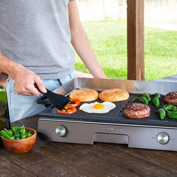 Cecotec PerfectRoast 3000 Barbecue électrique en inox 3 000 W, surface de cuisson mixte, revêtement anti-adhésif Rockstone, thermostat réglable, bac ramasse-graisses 03182