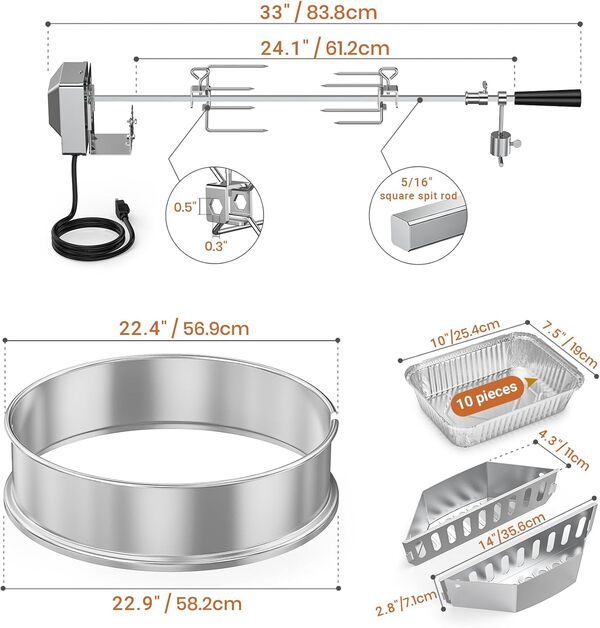 Onlyfire Tourne Broche Barbecue en Acier Inoxydable, Rôtissoires Kit pour Weber Barbecue à Charbon Kettle 57 cm, avec Paniers à Charbon et 10pcs Plat Aluminium Jetable