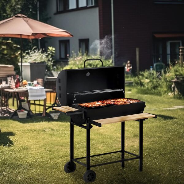 BBQ-Toro Barbecue au charbon de bois avec couvercle - Diamètre : 80 x (L) 42 cm - Chariot de barbecue au charbon de bois de qualité supérieure - Avec thermomètre, grille de maintien au chaud