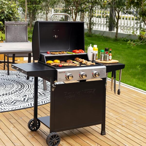 Royal Gourmet Barbecue Gaz sur Chariot, 3 Brûleurs BBQ Gaz avec Capot, Puissance 9kW Propane, 2 Grilles en Émaillée, 2 Table Latérales, Thermomètre Intégré, Adapté pour Jardin et Camping
