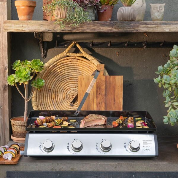 Livoo - Plancha DOC297-4 brûleurs de 10kW en acier inoxydable, surface cuisson 76x36cm, 12 personnes, plaque 3,5 mm, butane et propane