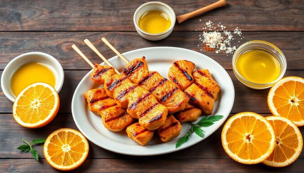 Brochettes de poulet marinées au jus d'orange : recette facile et savoureuse