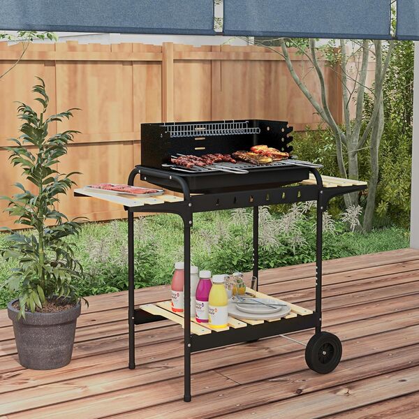 Outsunny Barbecue à charbon BBQ grill sur pied avec gril réglable 2 roues et 3 étagères récupérateur de cendres 103 x 47 x 95 cm noir