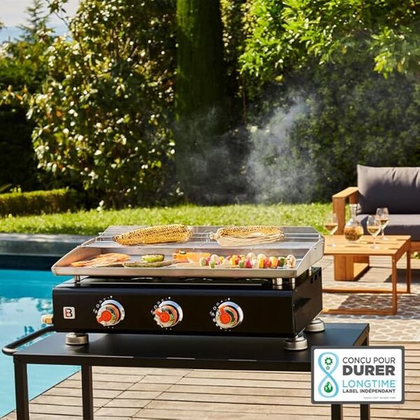 BRASERO - Plancha Silvia II G Noir 3 Feux Surface Cuisson 67 x 34 cm - 3 brûleurs - Plaque INOX - Grille de réchauffement - Piezo intégré - Tiroir Graisse - Jusqu'à 8/10 convives - 7,5 KW