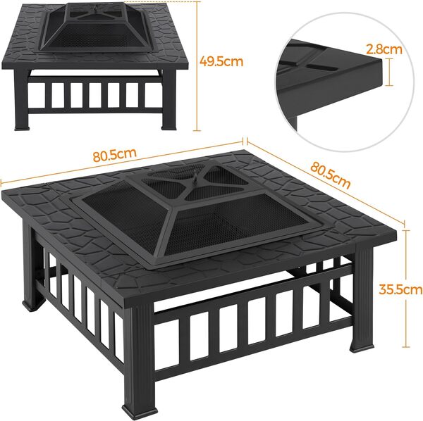 Yaheetech Brasero Extérieur 3 en 1 Carrée Multifonctionnelle 81x81x50cm pour Terrasse Balcon Poêles à Bois avec Couverture en Maille Poker Noir
