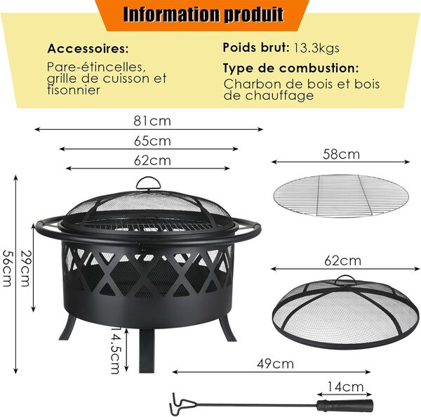 Brasero Exterieur pour Jardin, Ø 81 cm Foyer, Brasero Barbecue avec Protection Anti-étincelles et Tisonnier, avec Grille de Barbecue, Grande Capacité, Noir