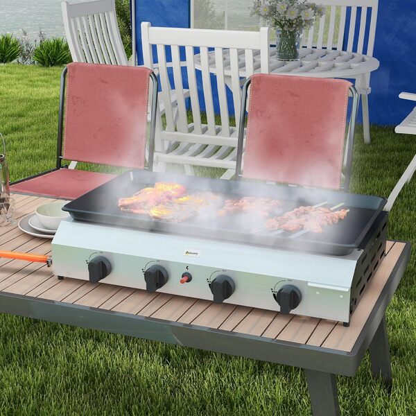 Outsunny Plancha gaz en acier inox émaillé plaque de cuisson 4 brûleurs 9,6 kW antiadhésive grande surface de cuisson 73L x 34l cm, transportable