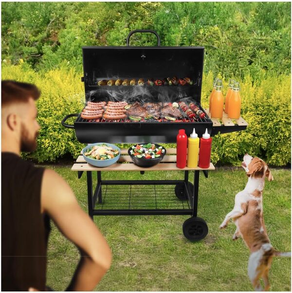 MARK ADLER Roast 8.0 Barbecue au charbon de bois | Grille à deux niveaux | Avec couvercle | Affichage de la température | Ventilation | Roues de transport | Portables