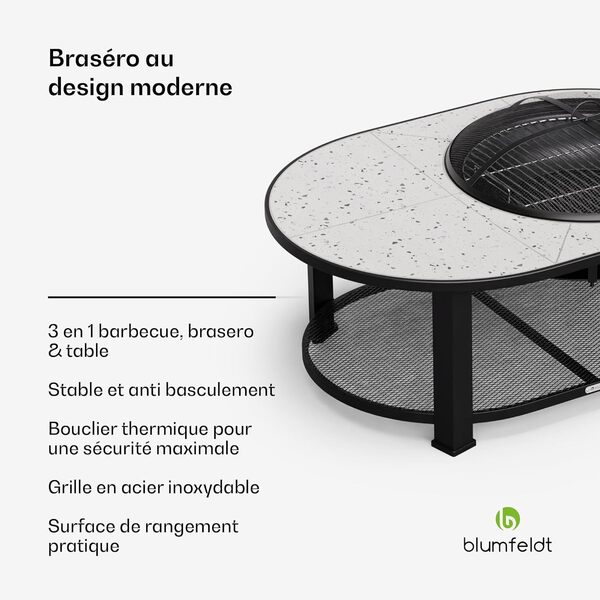 Blumfeldt Merano Circolo L Brasero Exterieur - 3-en-1 Brasero, Barbecue & Table, Plateau Terrazzo, Cadre Acier Robuste, Pare-Étincelles, Grille & Tisonnier Inclus, Idéal Jardin & Terrasse