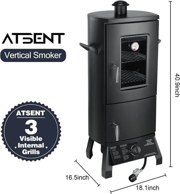 Fumoir au propane, fumoir vertical avec trois étagères amovibles, barbecues d'extérieur et fumoirs avec thermomètre pour barbecue, jardin, noir