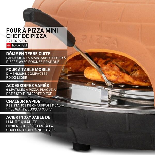 Heidenfeld Four à pizza Pizzachef | Place pour 6 personnes - Four à pizza électrique - 1000 Watt - Four à raclette avec toit en terre cuite - Incluse Pizzamaker avec spatules à pizza