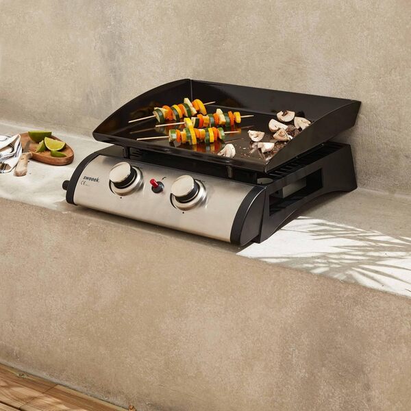 Alice's Garden - Plancha au gaz 2 brûleurs - Porthos - 5 KW. Barbecue. Cuisine extérieure. Plaque émaillée. INOX