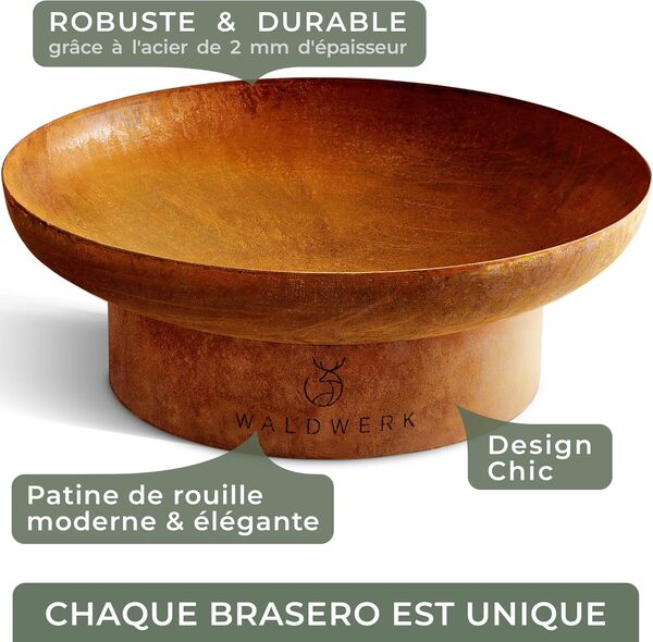 WALDWERK Brasero Extérieur (55 cm) - 2 mm d'Épaisseur - Barbecue en Acier avec Finition Patine Rouille
