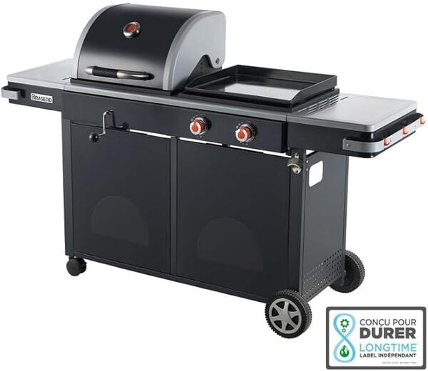BRASERO - Barbecue Bi-Energy L Barbecue Charbon 49 x 42 cm et Plancha à gaz 48 x 42 cm - 2 brûleurs gaz - 7,2 KW - Noir