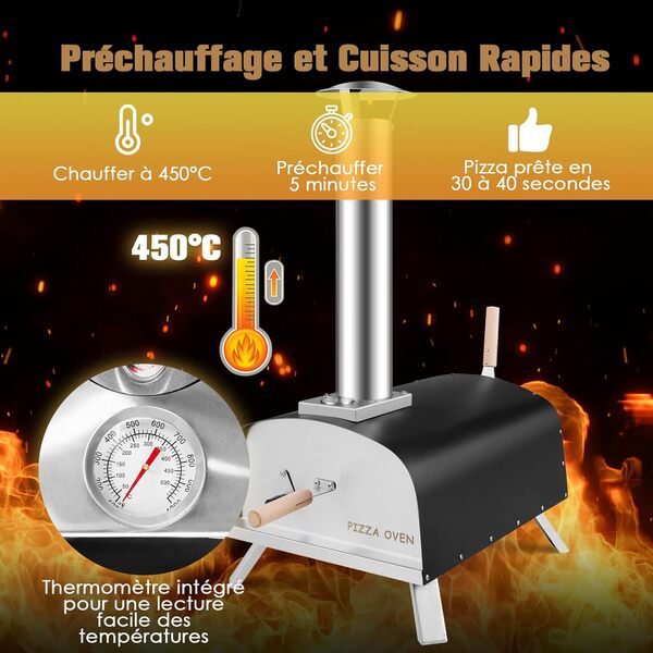 GYMAX Four à Pizza Extérieur à Bois ou à Pellet, avec Thermomètre, Pelle à Pizza, Pierre à Pizza de φ33CM, Température Max. 450 ℃, pour Jardin, Camping, Fête [Classe énergétique A]