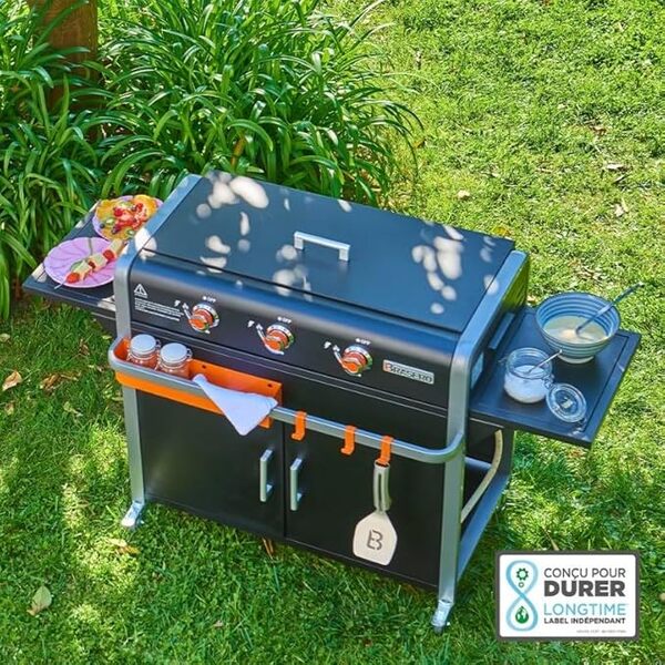 BRASERO - Plancha Lola sur Chariot équipé 3 Feux à gaz - Jusqu'à 12 convives - Surface de Cuisson 68,5 x 35,50 cm - 7,2 KW Récupérateur de Graisse