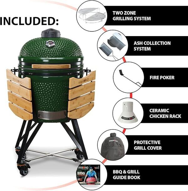 KAMADO BONO Barbecue à Charbon de Bois Vert - 55 cm - Avec Système de Cuisson à Double Zone - Fumoir en Céramique pour la Cuisine, le Fumage et la Pâtisserie