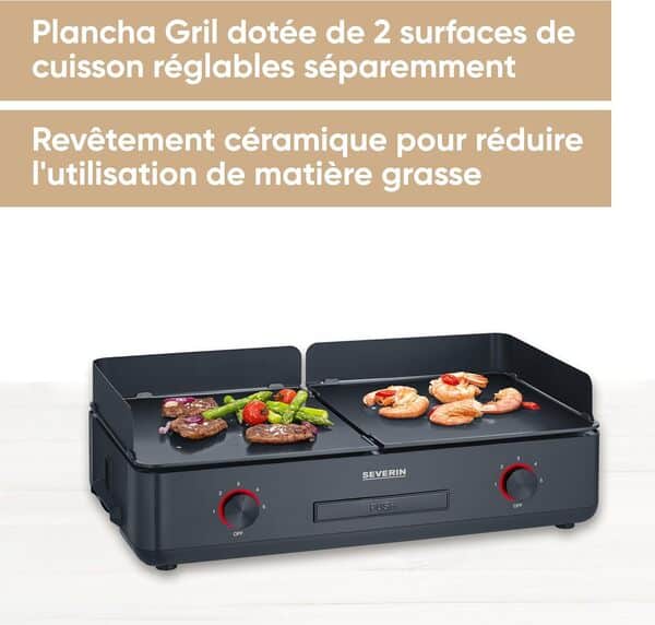 SEVERIN Plancha réglable jusqu'à 240°C, 2 200 W, Plaque de cuisson au revêtement céramique pour viandes, poissons & légumes, Gril électrique avec bac récupérateur de graisse amovible, Noir, PG 8569