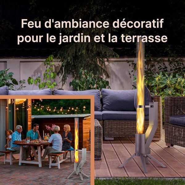 GARDENFLARE Brasero Exterieur - Foyer extérieur élégant pour Terrasse et Jardin, Flamme jusqu'à 1m, Montage Rapide, Résistant aux intempéries, INOX