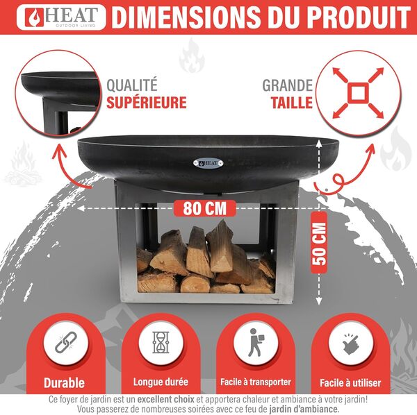 Heat Outdoor Living Brasero Fresvik Ø80 cm avec Rangement pour Le Bois - Brasero Barbecue - Brasero pour Jardin - Acier - Noir - 80x80x50 cm