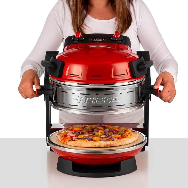 Ariete Four à Pizza Double 927, Four à Pizza avec 5 Niveaux de Cuisson, 2 Plaques Réfractaires Antiadhésives, 2 Lames en Bois Incluses, Max 400°C, 2 Thermostats, Diamètre 32 Cm, 2300W, Rouge