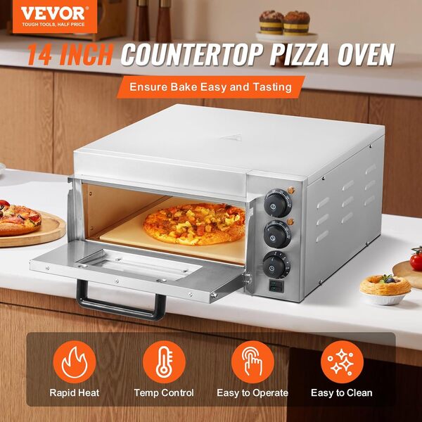 VEVOR Four à Pizza Commercial Capacité 14 po, Four Électrique de Comptoir Simple Étage, en Acier Inoxydable, avec Pierre et Poignée, Machine à Pizza d'Intérieur Polyvalente pour Restaurant Maison