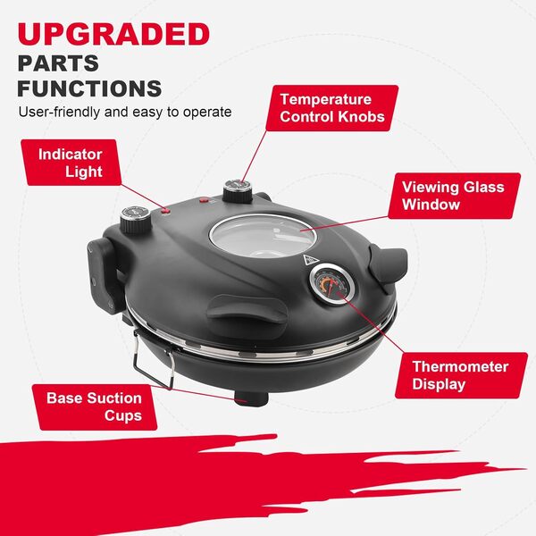 Klaif Four à Pizza Electrique, Thermomètre Visible & Fenêtre en Verre, 4 Minutes Four à Pizza avec Pierre Céramique 31 cm, 5 Niveaux de Température Max 420°C, 1200W Noir