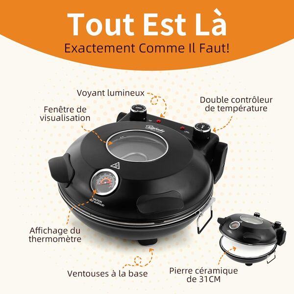 YIBAKE Four à Pizza Électrique, Cuit une Pizza en 4 minutes, Plaque en Pierre Réfractaire de 31cm, Max 420°C Four a Pizza, 1200W, Pelle à Pizza, Grattoir et Recettes inclus, Noir