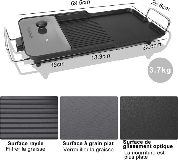 AEWHALE Plancha Électrique 3 en 1, Plaque de Cuisson Température Réglable pour Viandes, Poissons & Légumes, Anti-adhésif, Facile à Nttoyer 2000W