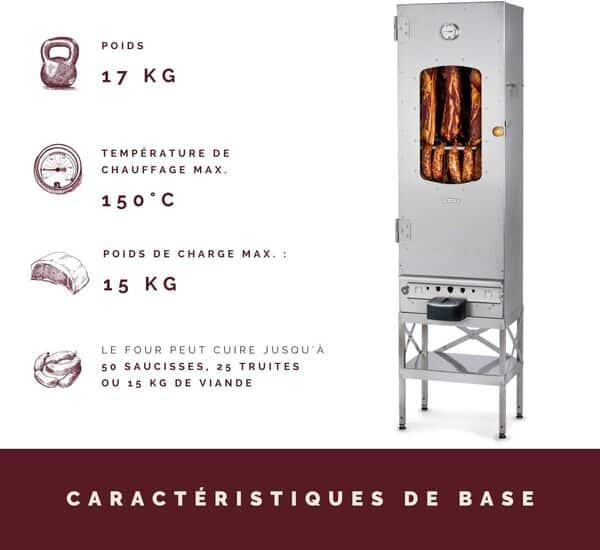 Fumoir électrique de haute qualité KAISER COMPANY '100' l Ce fumoir est fabriqué en acier inoxydable I Fumoir portable de 110 cm I Il peut accueillir jusqu'à 15 kg de viande I Avec accessoires
