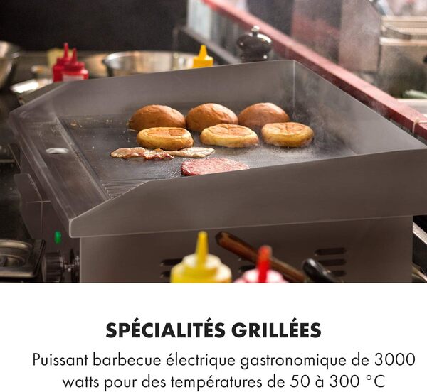 Klarstein Grillmeille 3000GR Pro Plaque de Gril Électrique en Fonte - Surface 54,5 x 35 cm (2/3 Lisse & 1/3 Rainuré), 50-300 °C, 3000 W avec Pare-éclaboussures, Inox