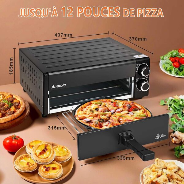 Anatole Four à Pizza Électrique 12 po 1800W Appareil Pizza Interieur Temps Température Réglable Pizza Oven Multifonctionnel avec Grille Plateau à Miettes Amovible