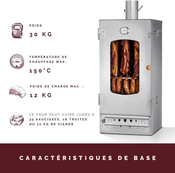 KAISER COMPANY '80' Fumoir à bois de très grande qualité l Fumoir en acier inoxydable I Fumoir mobile 86 cm I Idéal pour le fumage I Peut contenir jusqu’à 20 kg de viande I Livré avec accessoires