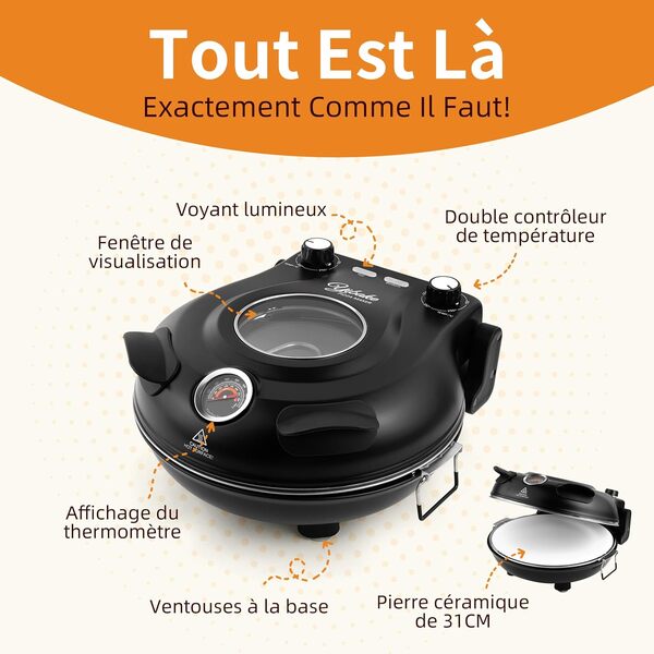Four Pizza Electrique, Cuit une Pizza en 4 minutes, Pierre à pizza de Φ 31cm, Max 420°C Four a Pizza, 1200W, Pelle à Pizza, Grattoir et Recettes inclus