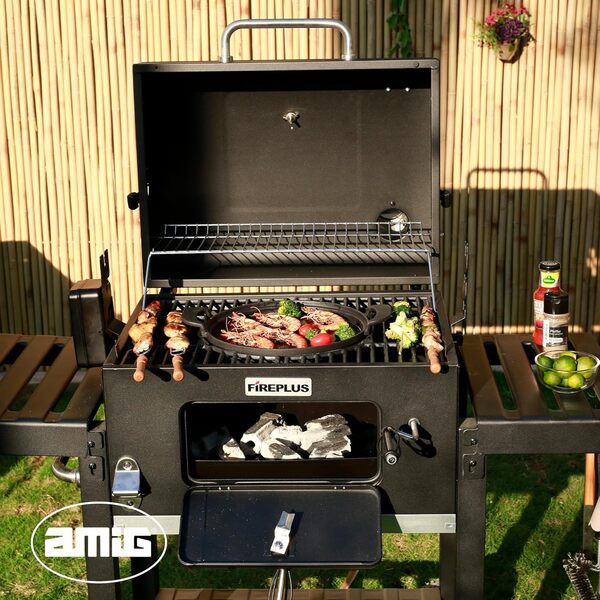 Amig - Fireplus Barbecue au Charbon de Bois - Barbecue avec Roues et Plateaux Latéraux - Avec Système de Ventilation, Cendrier et Grille en Acier 57x42cm- Dimensions: 116,5x13,1x56cm