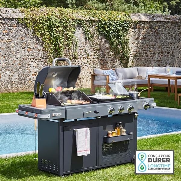 BRASERO - Barbecue Bi-Energy Brasero Gun Metal XL - Barbecue Charbon et Plancha 60 x 42 cm à gaz avec brûleur latéral -12,95 KW