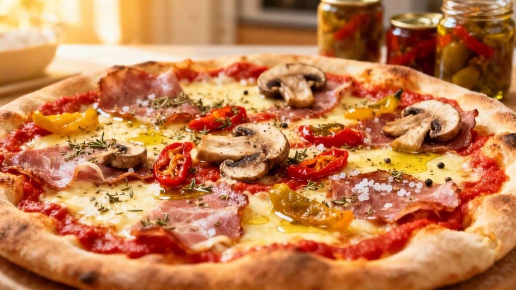 Pizza coppa champignons poivrons : recette gourmande