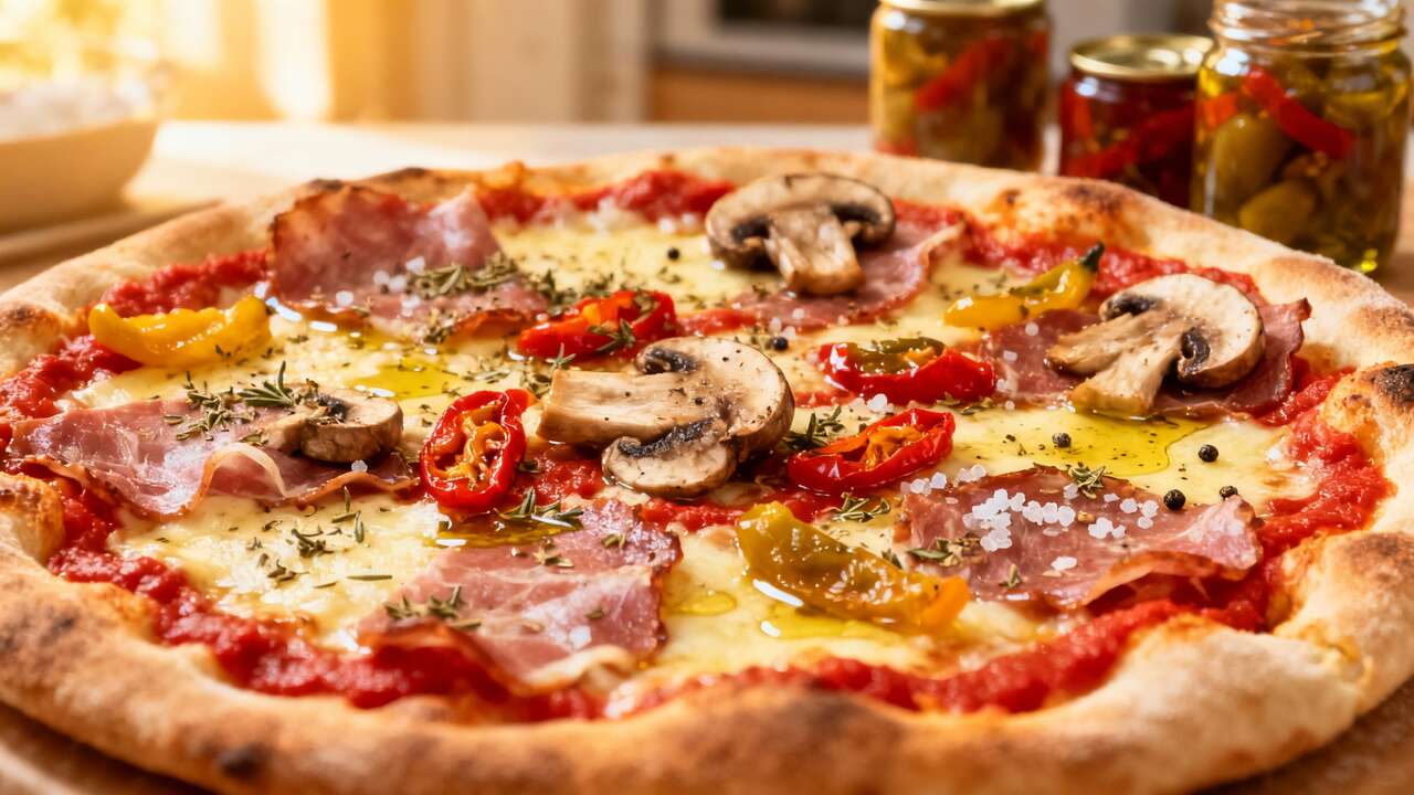 Pizza coppa champignons poivrons : recette gourmande